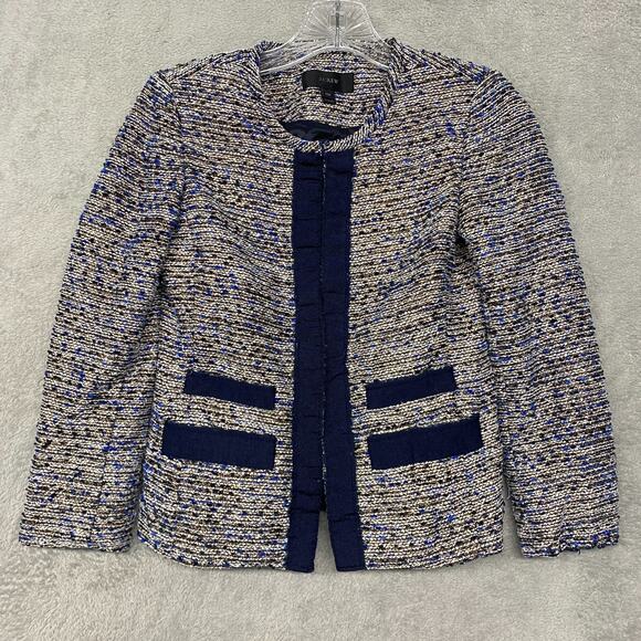 J Crew Jacket Womens 00 Petite Blue Tweed Blazer Office Lined - Picture 1 of 9